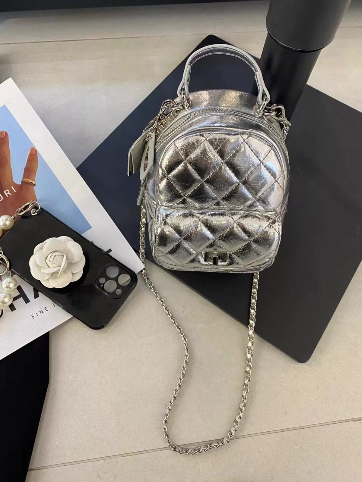 Quilted Metallic and Patent Mini Backpack Bag with Chain Strap, view 4