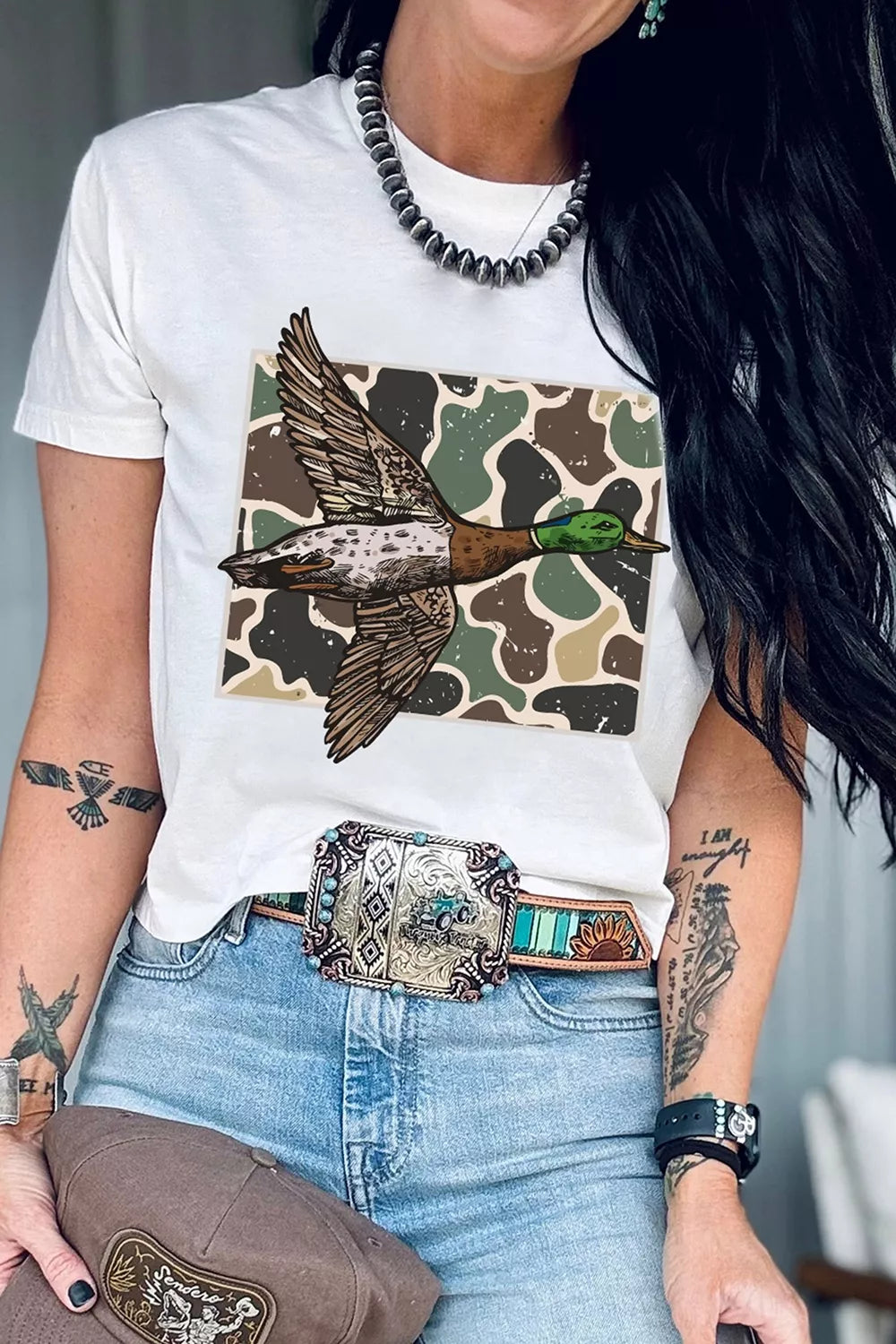 Western Camo Mallard Duck Graphic Casual Short Sleeve T-Shirt