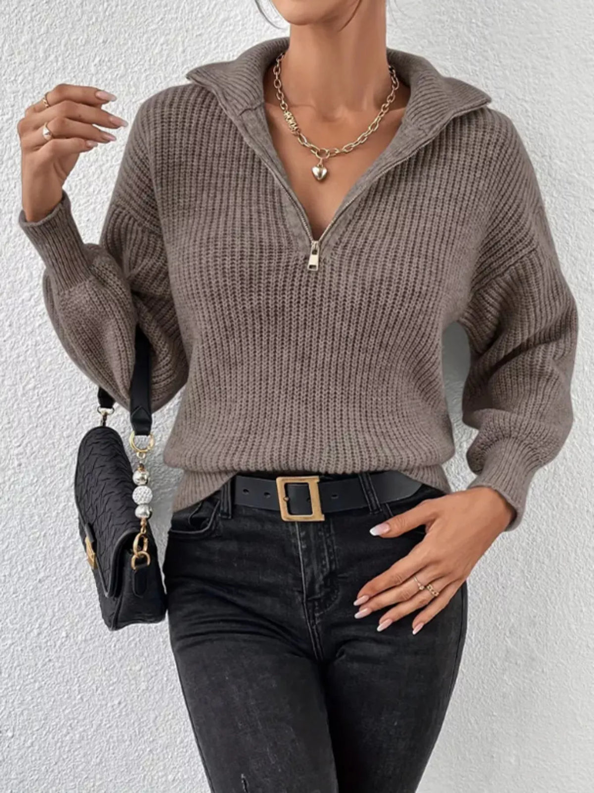 Quarter-Zip Dropped Shoulder Sweater