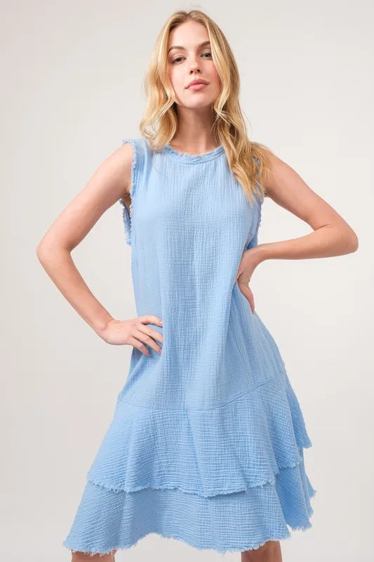 And The Why Washed Fringe Detail Tiered Dress in Baby Blue, view 2