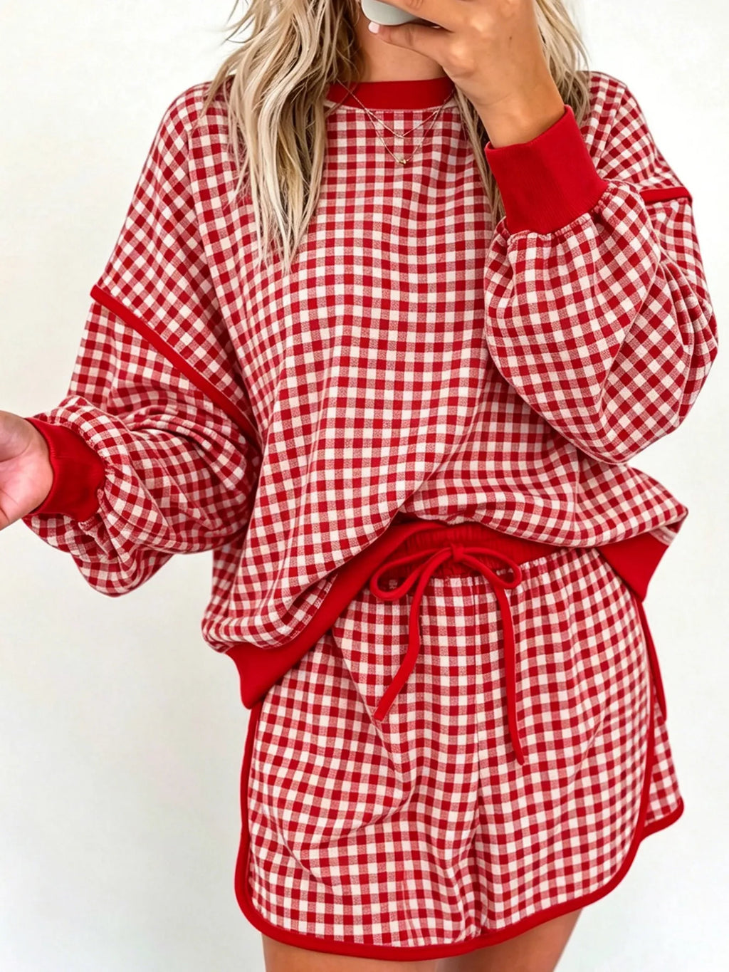 Gingham Plaid Long Sleeve Sweatshirt and Shorts Set - Lilixa.store