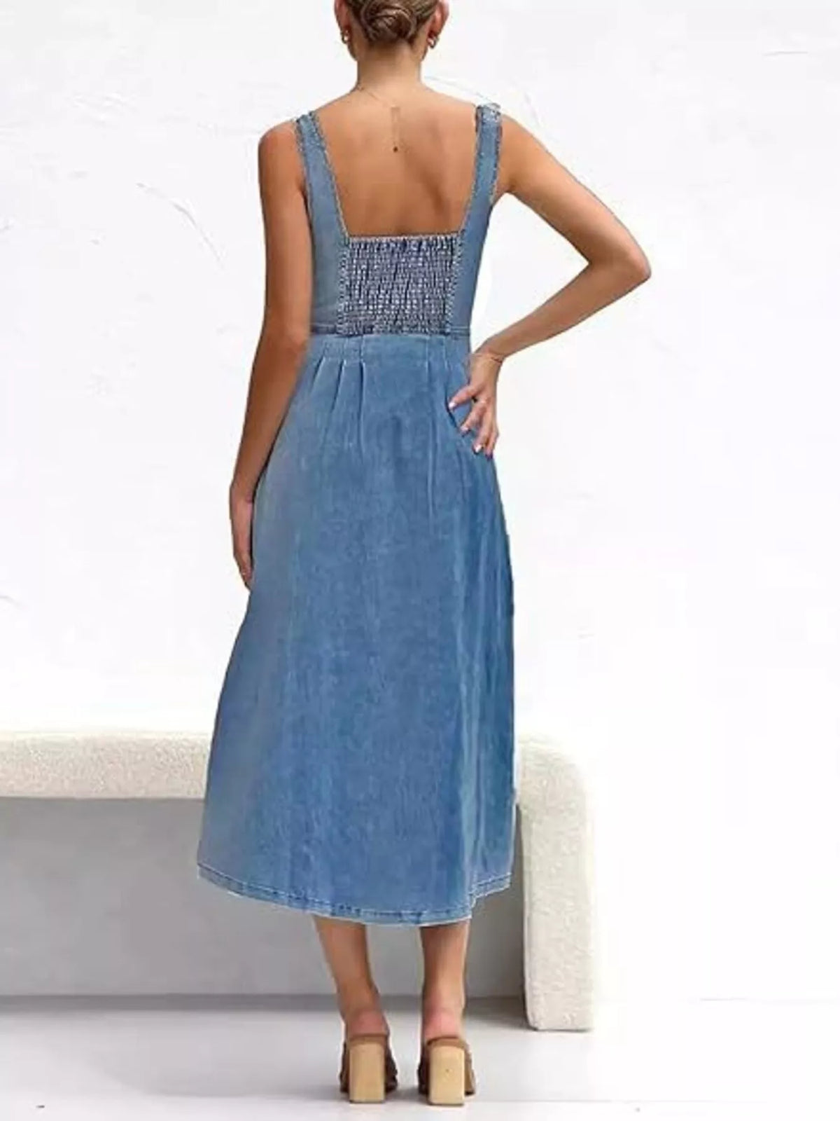 Smocked Back Button Front Denim Midi Dress - Lilixa.store