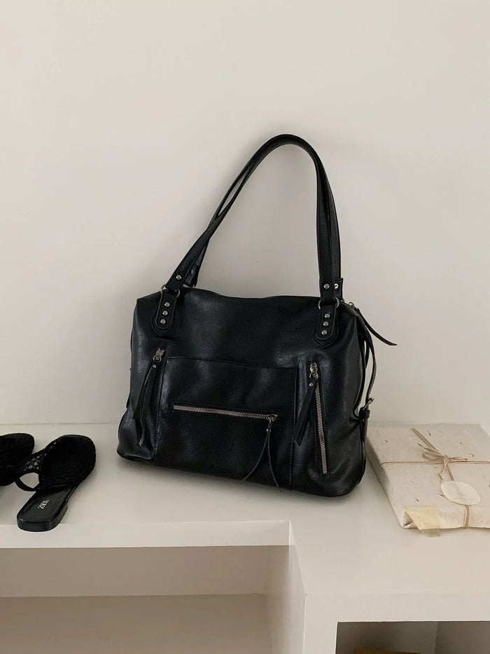 Multi-Pocket Zippered Shoulder Bag in Black
