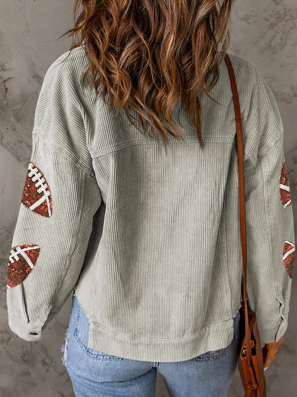 Football Sequin Button Up Dropped Shoulder Jacket in Sage, view 2