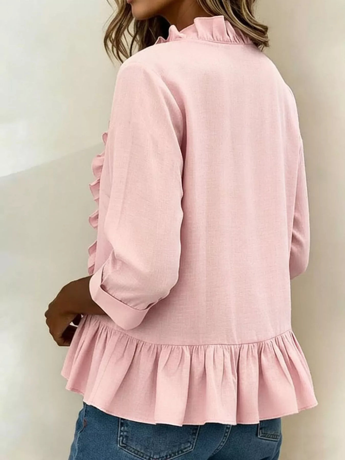 Full Size Ruffled V-Neck Long Sleeve Blouse Plus Size - Lilixa.store