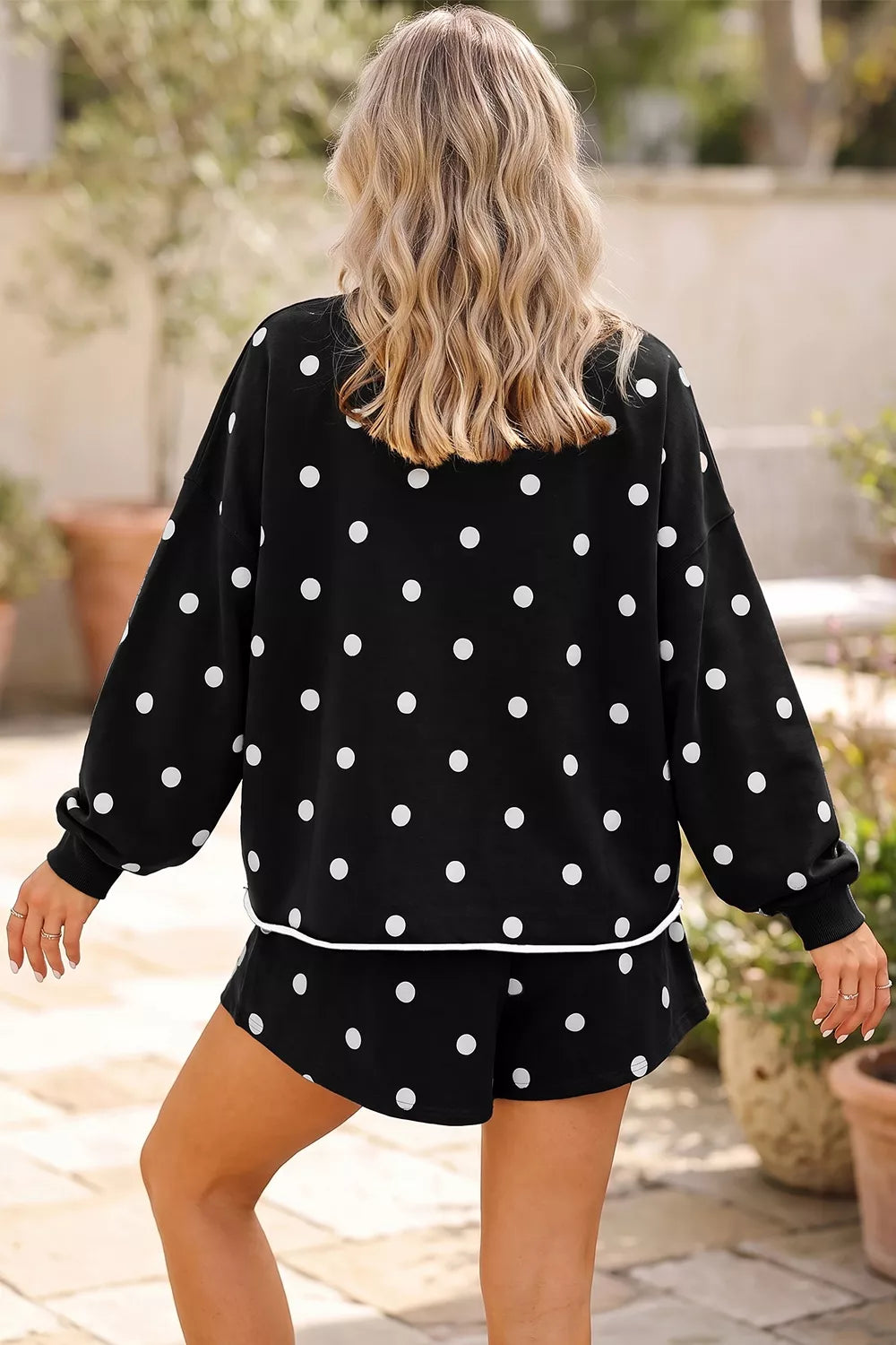 Polka Dot Raw Hem Relaxed Pullover Loose Skort Two Piece Set
