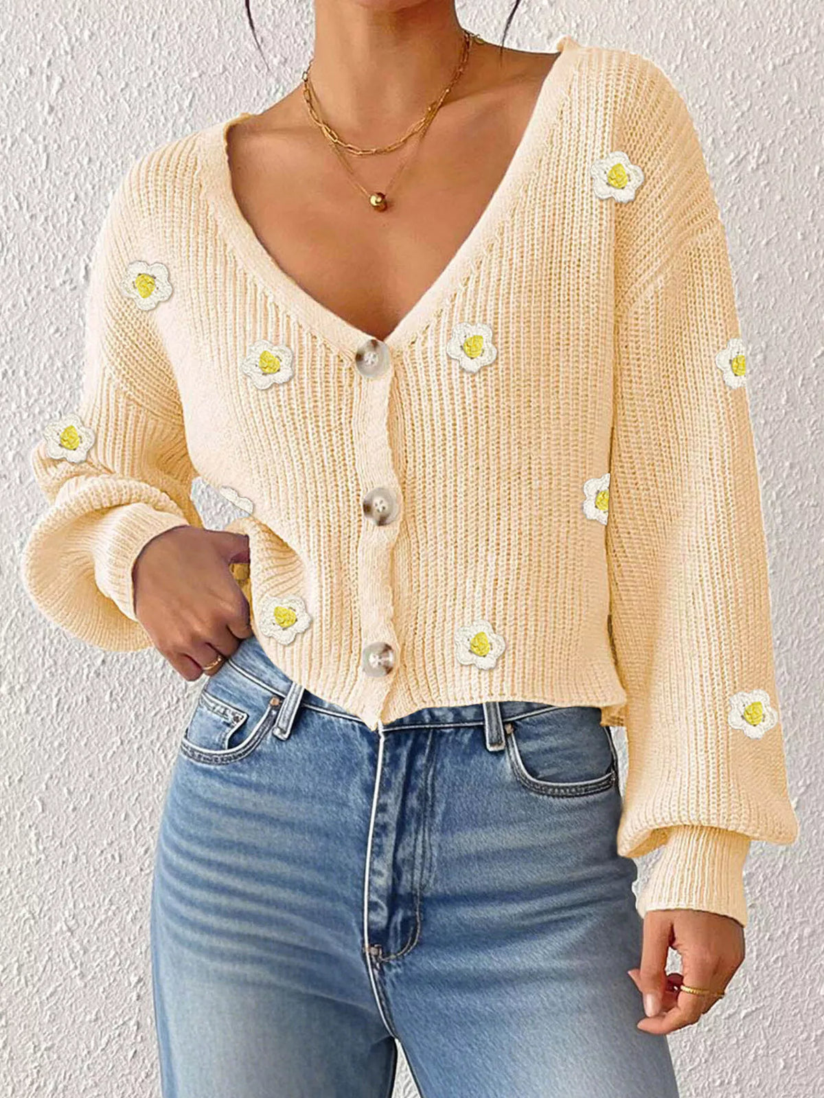 Floral V-Neck Button-Down Cropped Cardigan - Lilixa.store
