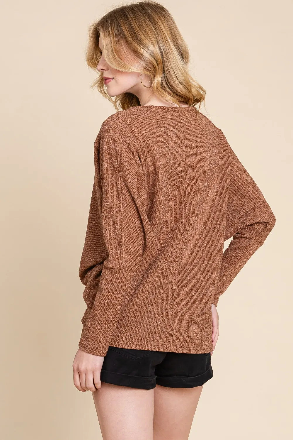 BOMBOM Drop Shoulder Long Sleeve Knit Top - Lilixa.store