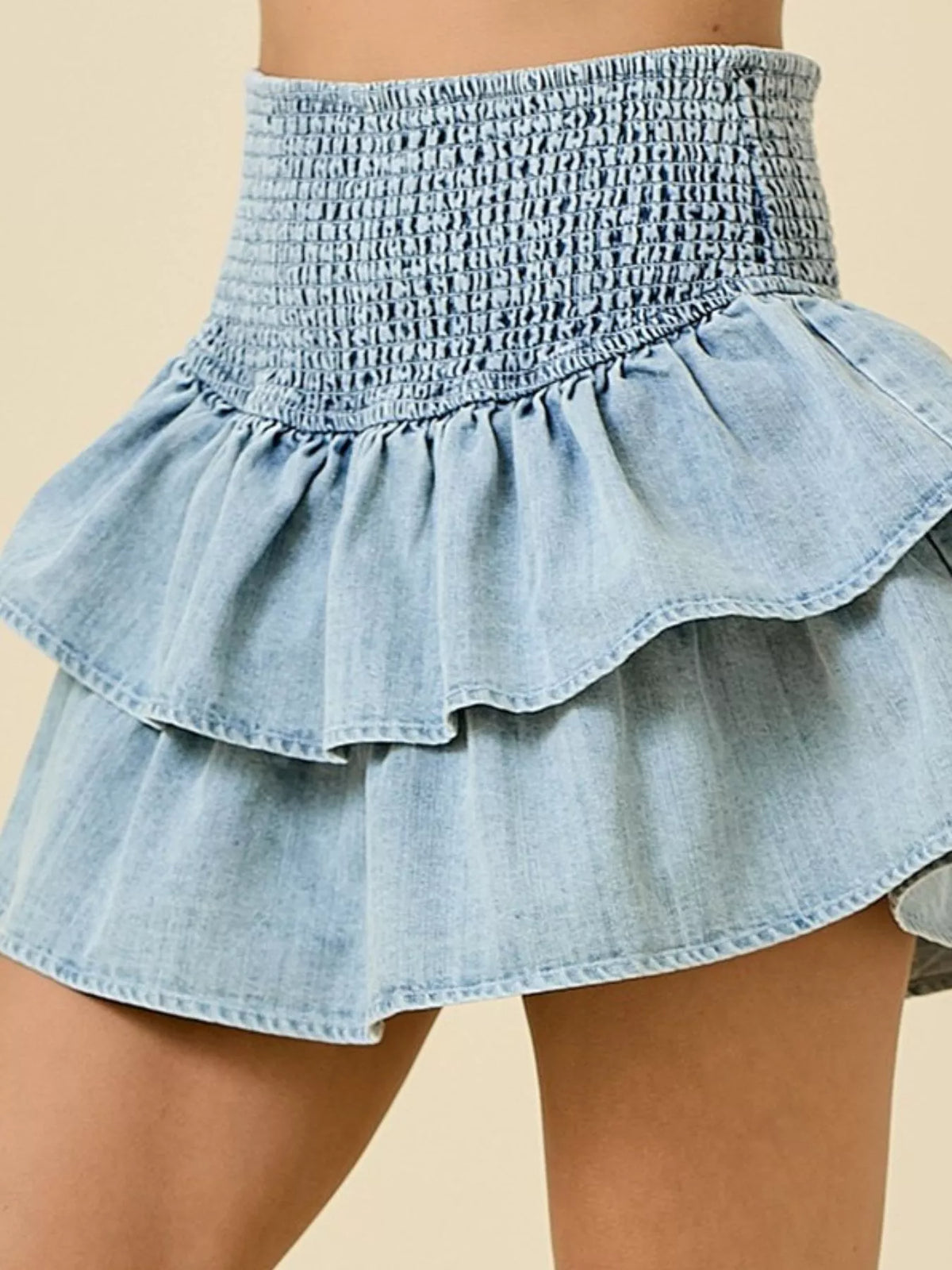 Layered Ruffle Smocked Waist Denim Skirt - Lilixa.store