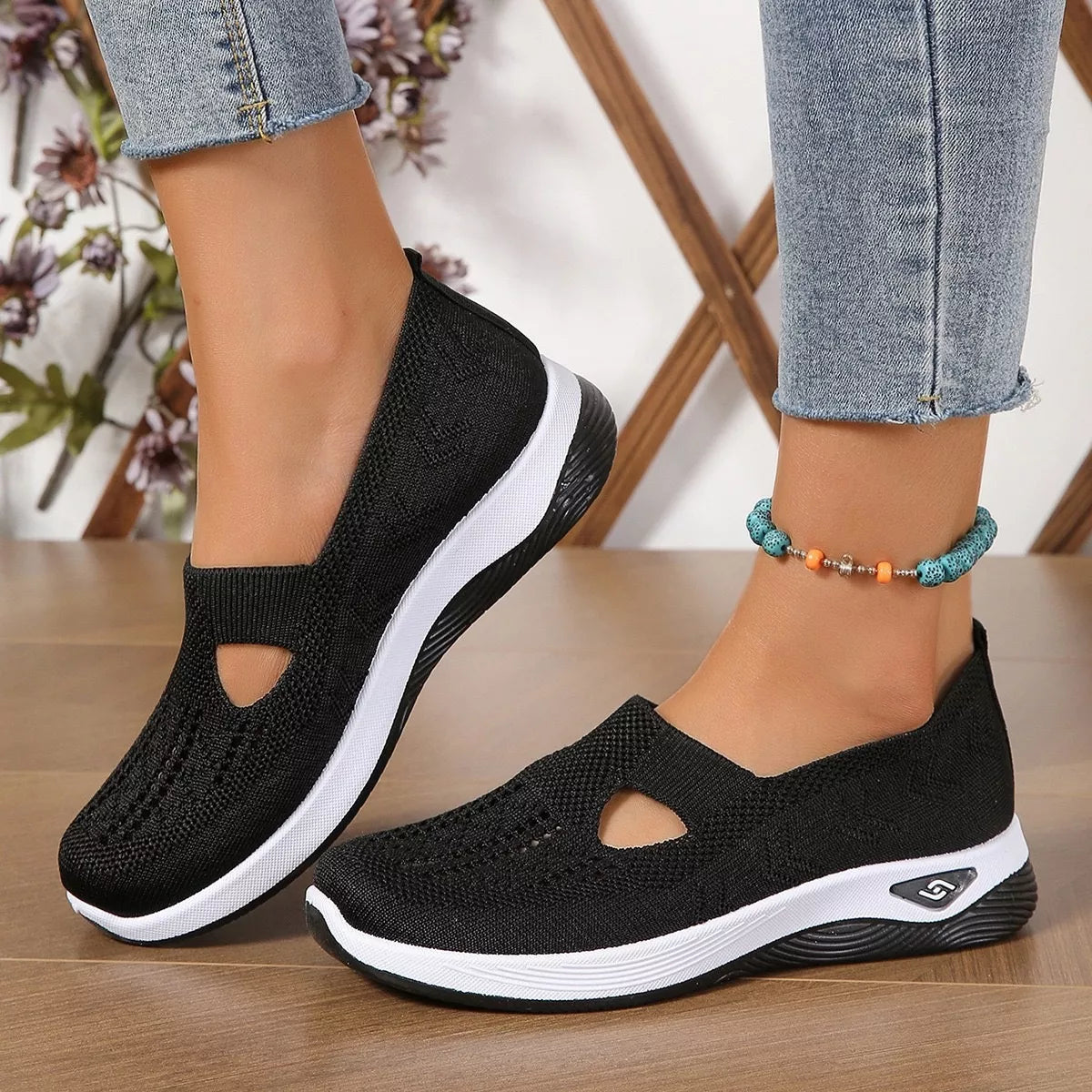 Round Toe Mesh Slip-Ons in Black