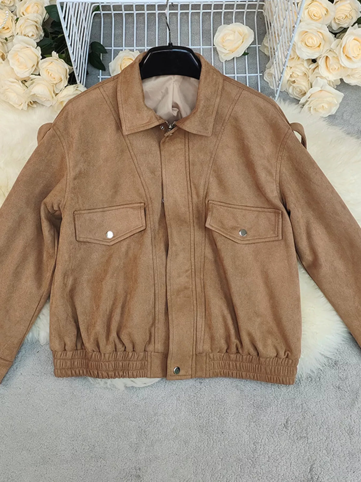 Zip Up Oversized Jacket in Taupe, view 6