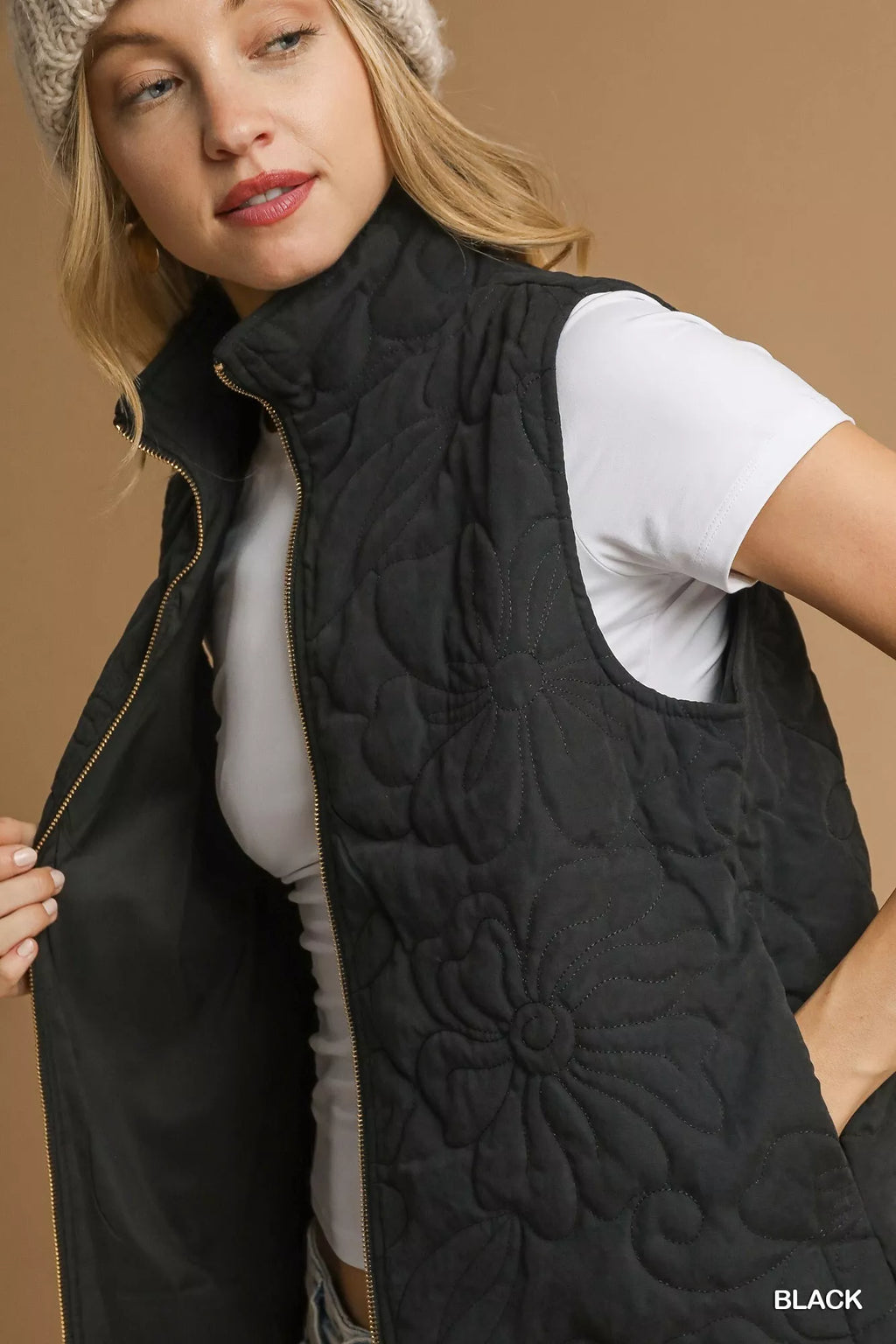 Umgee Quilted Floral Zip Up Vest with Pockets - Lilixa.store