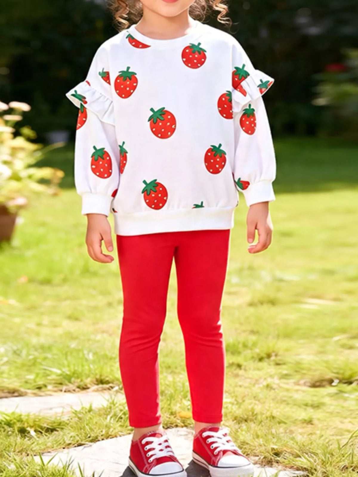 Children's Strawberry Long Sleeve Sweatshirt and Leggings Set in White