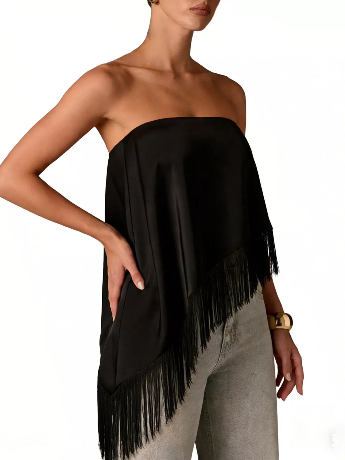 Asymmetric Fringe Tube Top, view 3