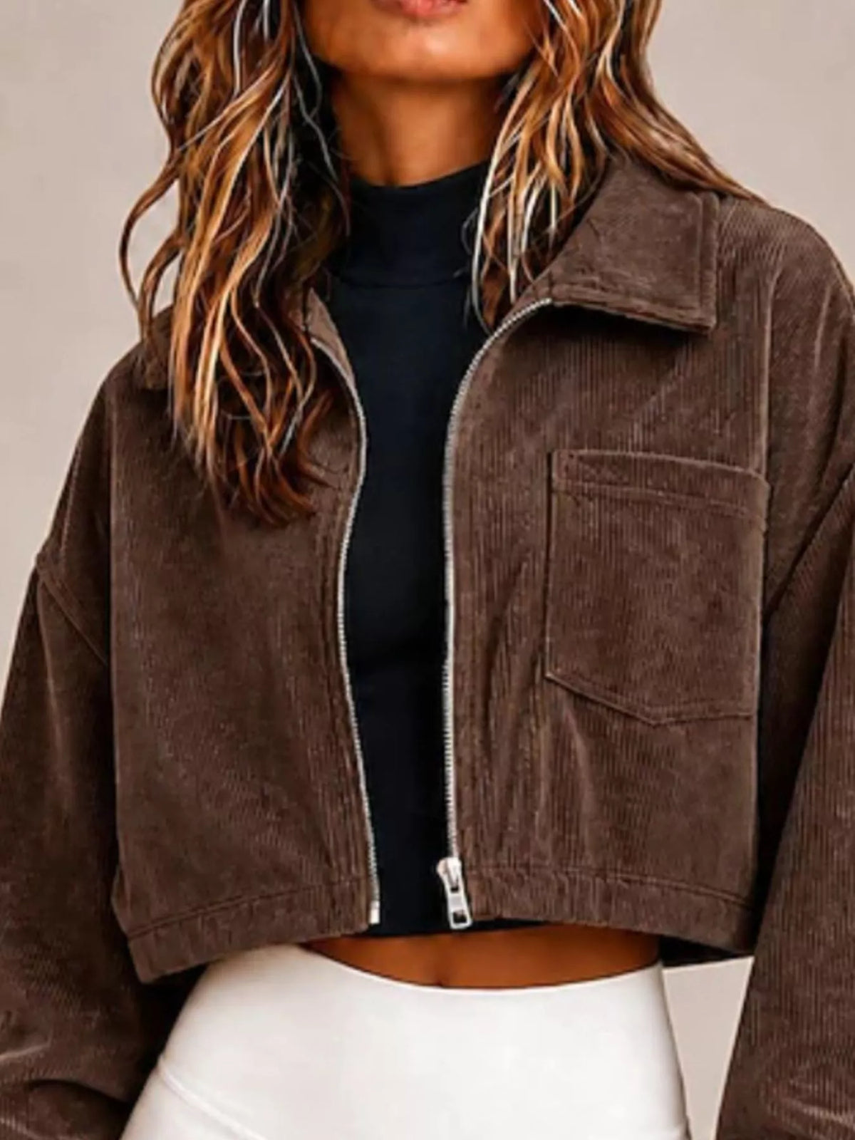 Corduroy Zip Up Cropped Jacket