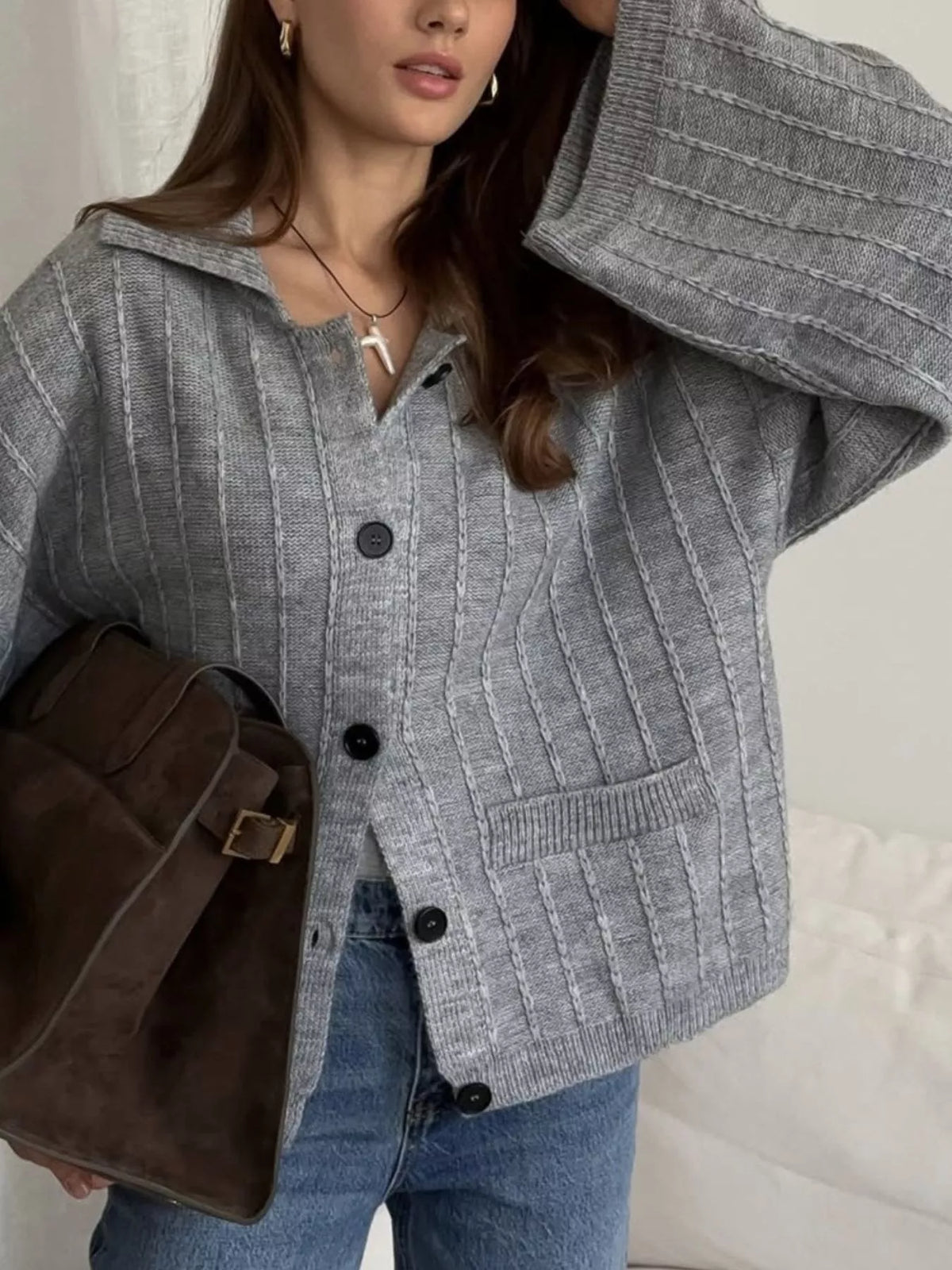 Texture Knit Cardigan with Wide Sleeves and Collar, view 2