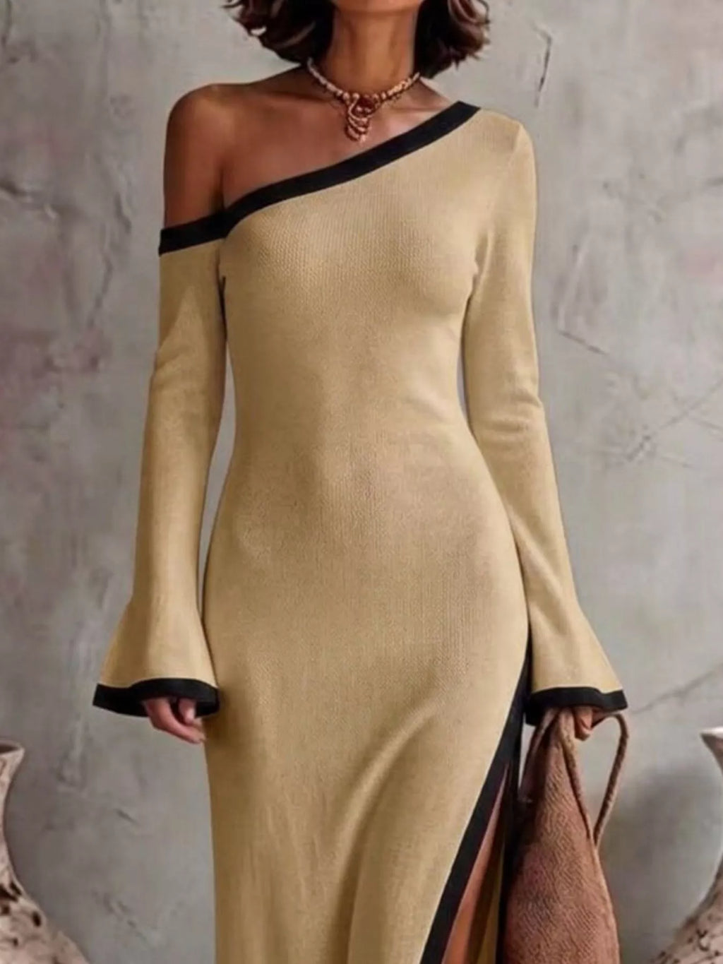 Slit One-Shoulder Contrast Trim Maxi Dress - Lilixa.store