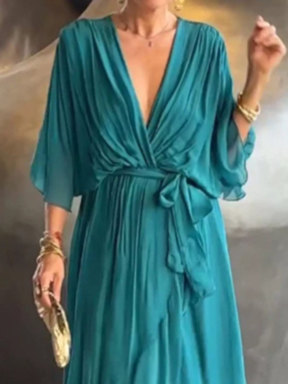 Full Size Chiffon Wrap Dress with Flutter Sleeves Plus Size - Lilixa.store