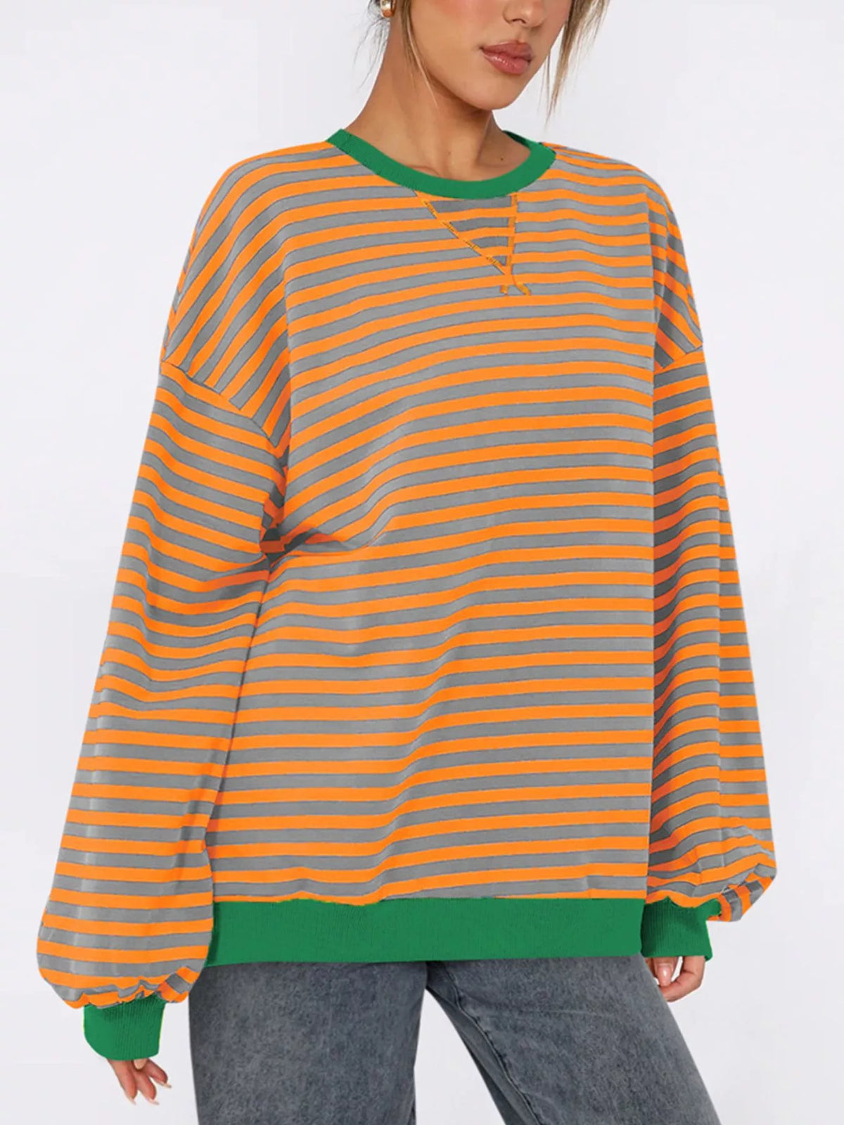 Striped Round Neck Long Sleeve Sweatshirt - Lilixa.store