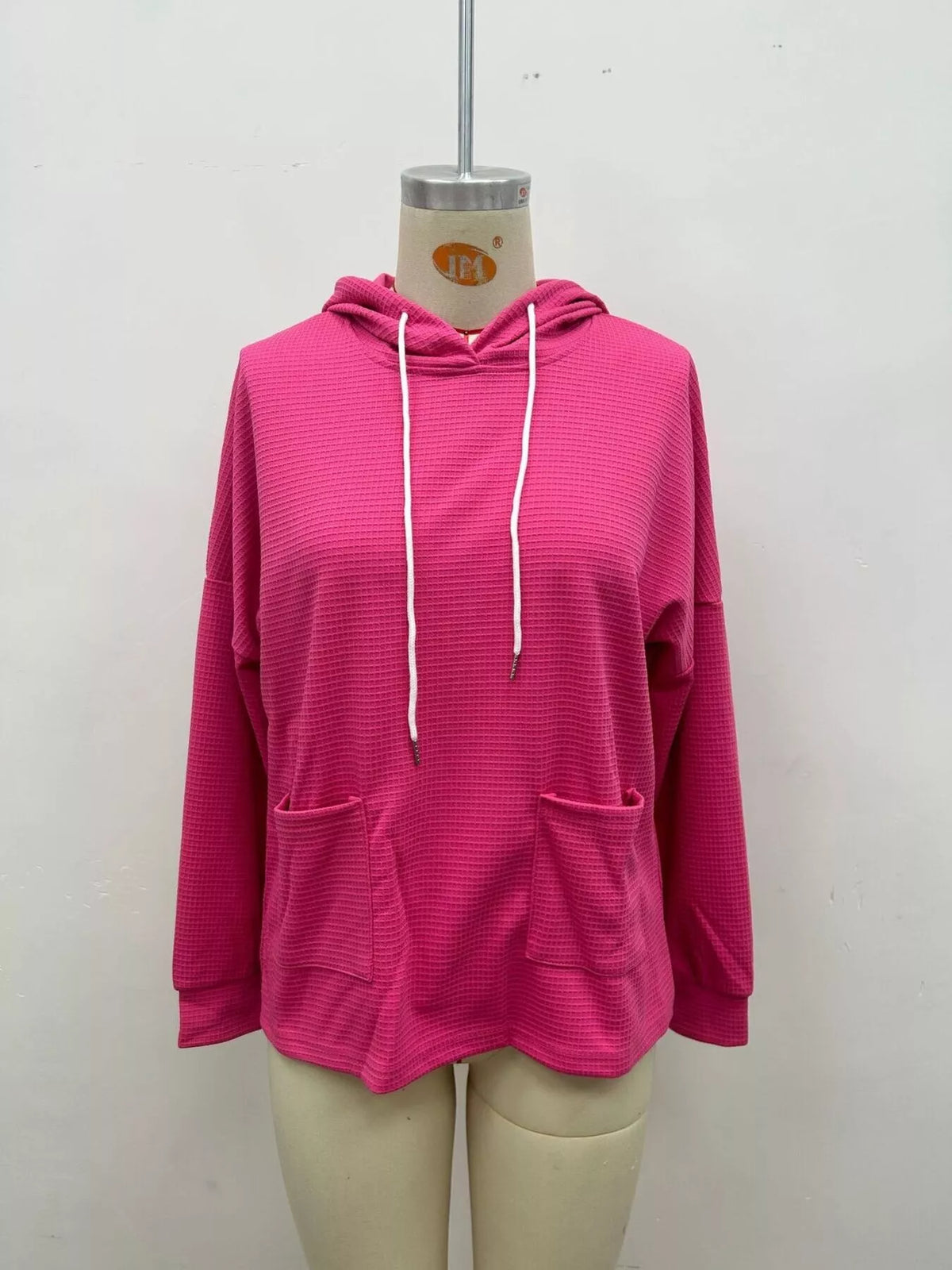 Full Size Waffle Knit Drawstring Long Sleeve Hoodie Plus Size - Lilixa.store
