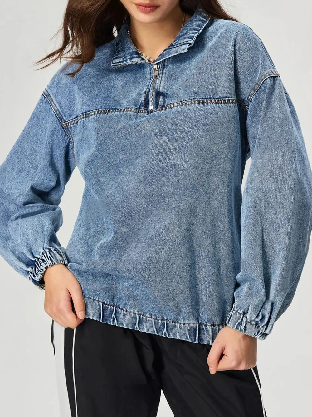 Quarter Zip Collared Neck Denim Top - Lilixa.store