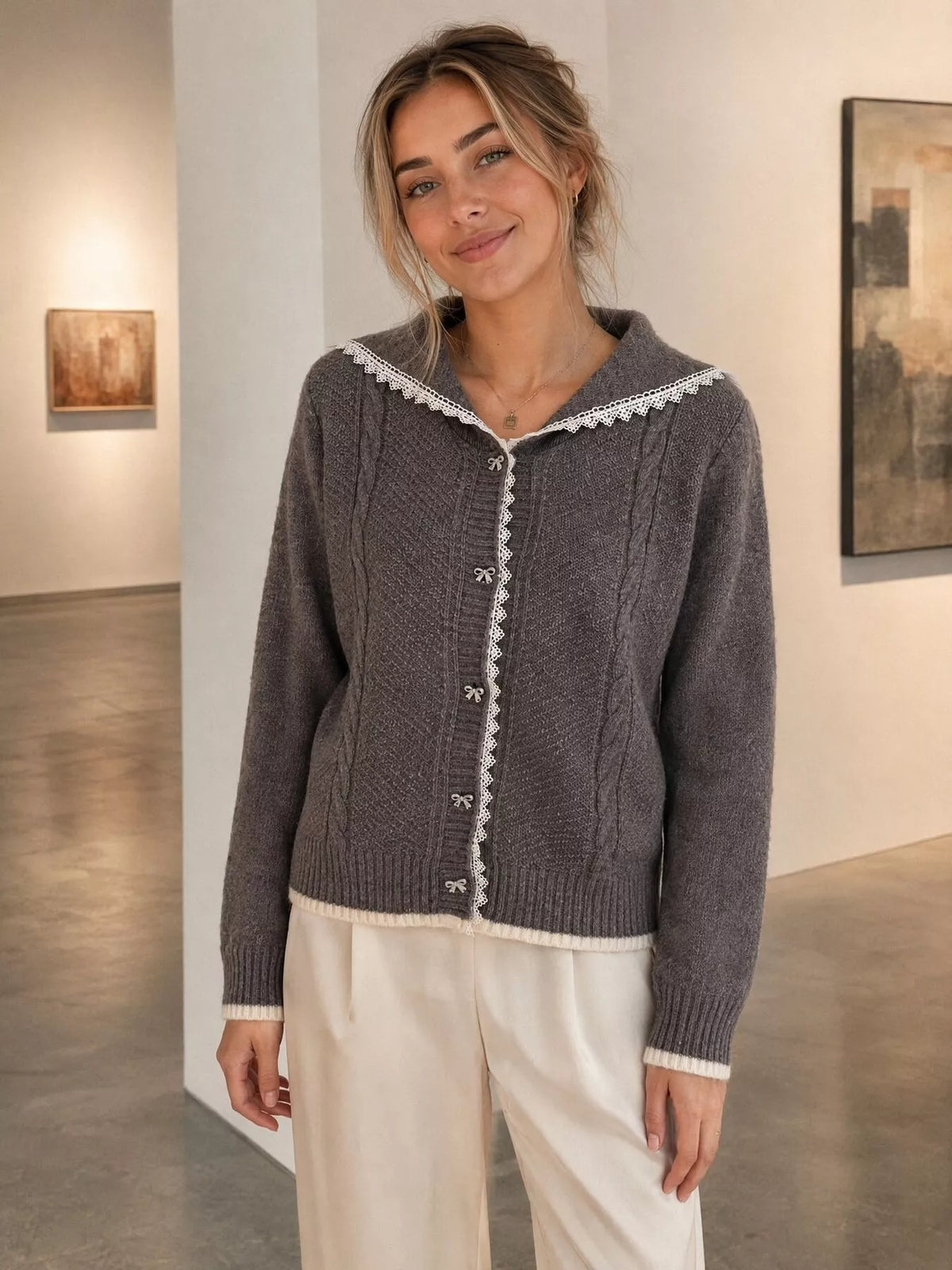 Cable-Knit Cardigan with Lace Trim, view 7