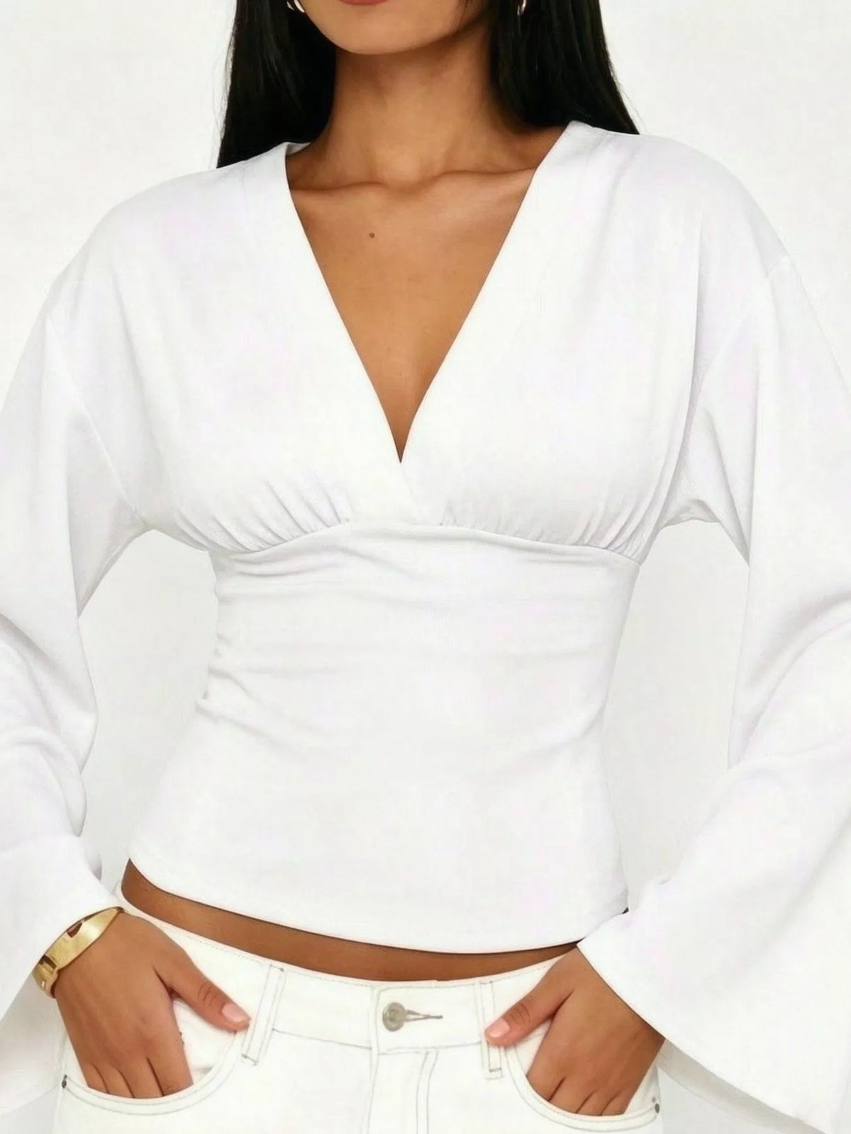 V-Neck Flare Sleeve Blouse - Lilixa.store