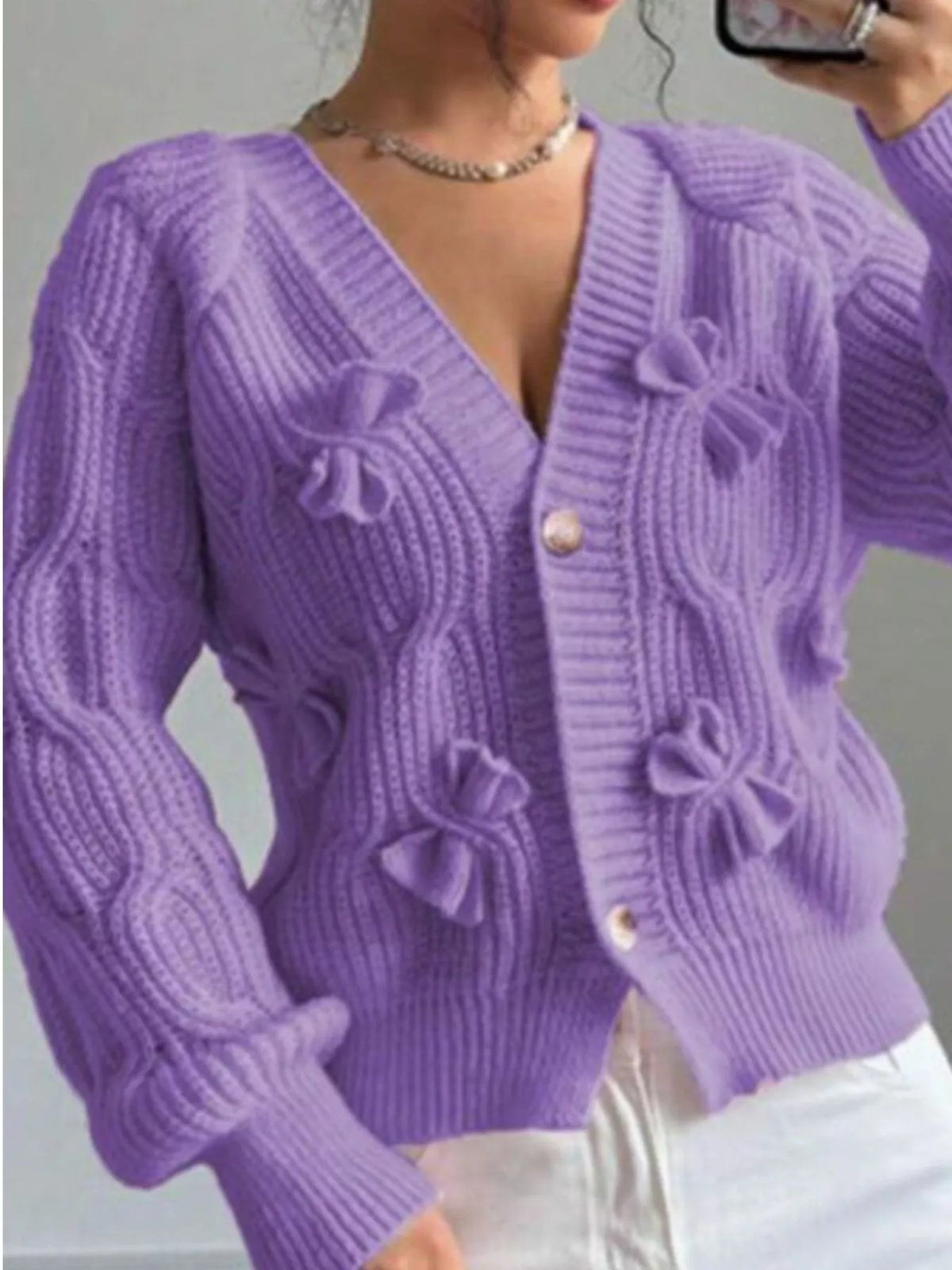 Bow Cable Knit V-Neck Cardigan - Lilixa.store