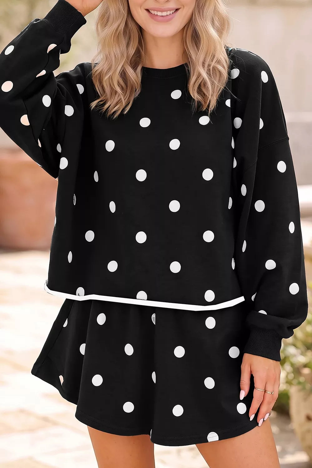 Polka Dot Raw Hem Relaxed Pullover Loose Skort Two Piece Set - Lilixa.store