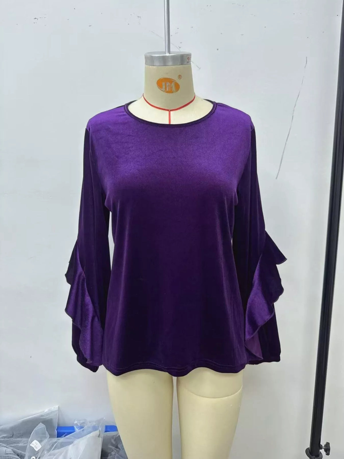 Velvet Round Neck Ruffle Sleeve Top