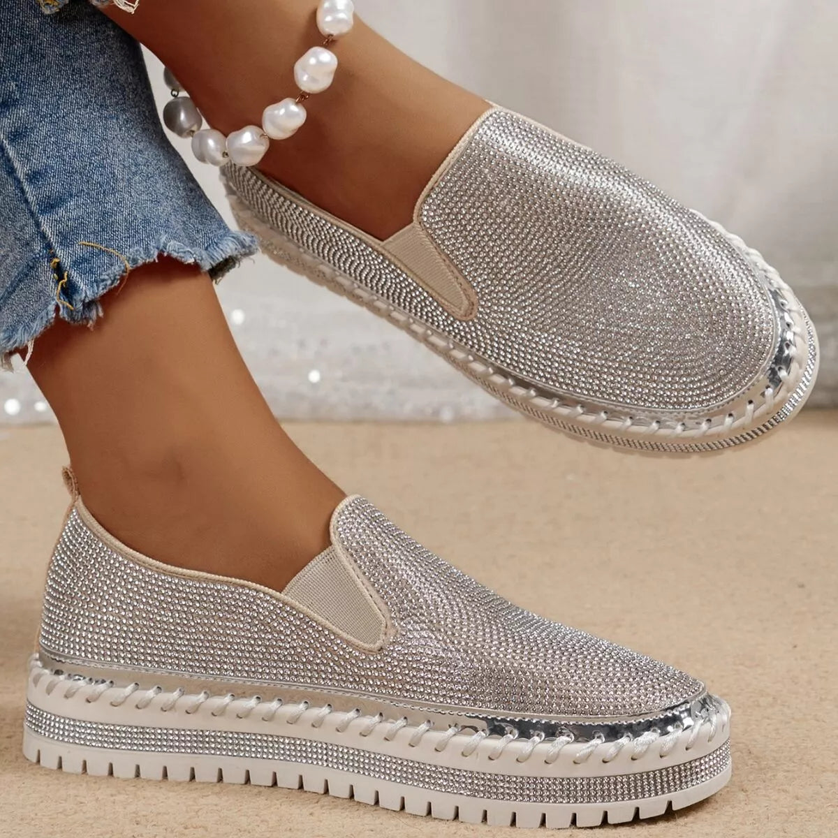 Rhinestone Round Toe Platform Loafers in Silver