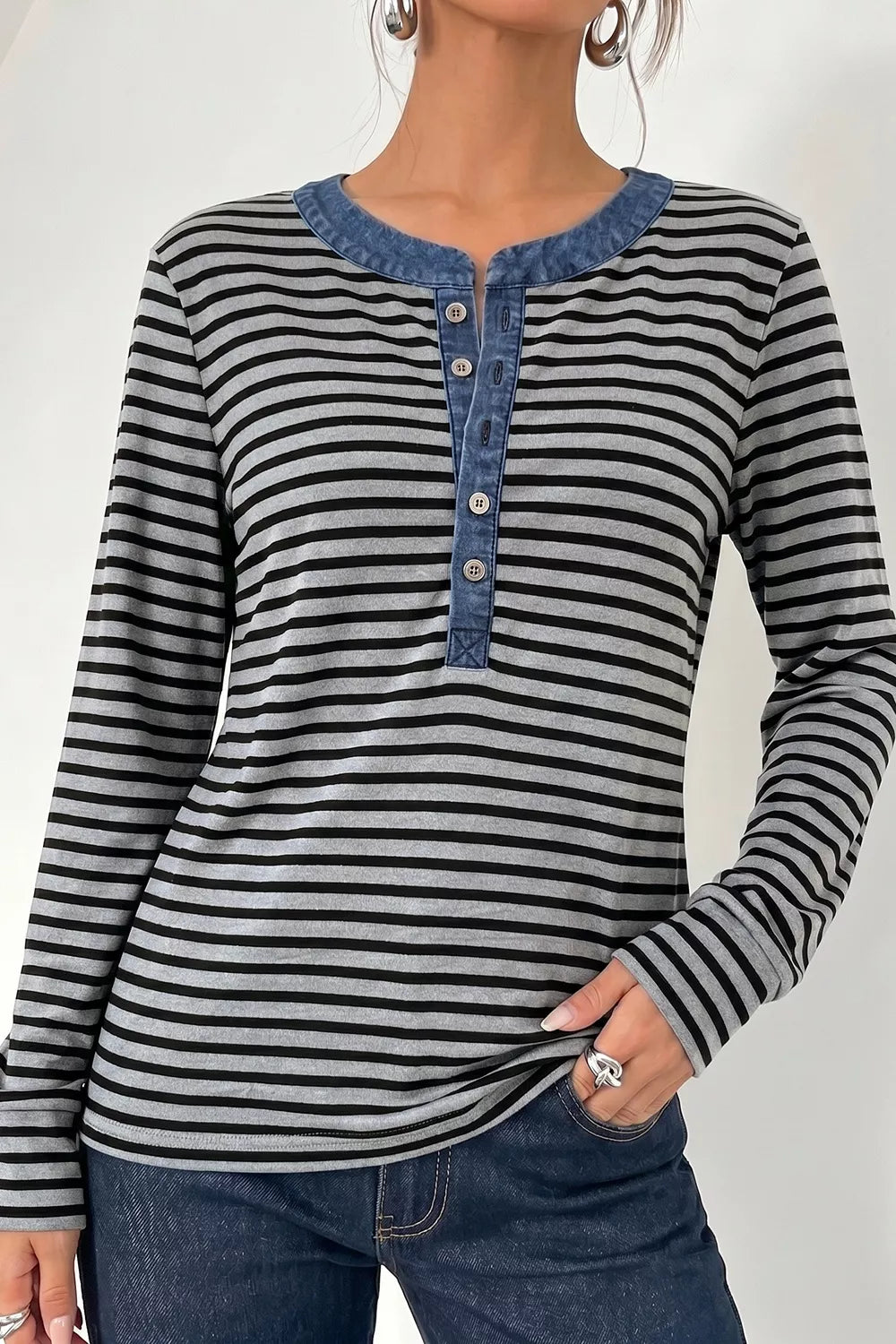 Stripe Denim Contrast Collar Half Button Long Sleeve Top - Lilixa.store