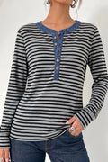 Stripe Denim Contrast Collar Half Button Long Sleeve Top - Lilixa.store