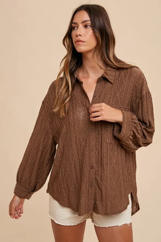 Annie Wear Openwork Button Down Drop Shoulder Shirt - Lilixa.store