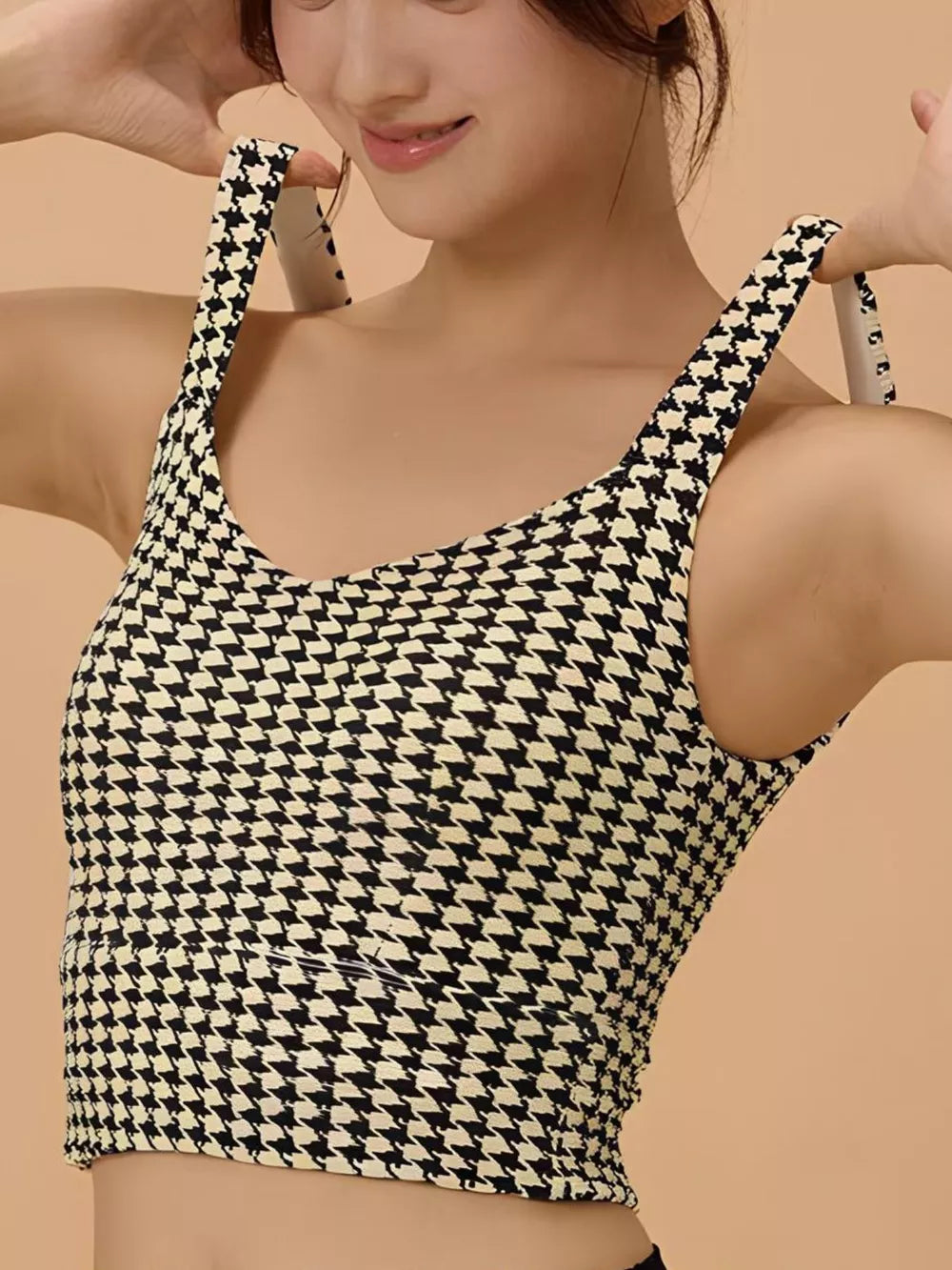 Crisscross Back Houndstooth Active Bra - Lilixa.store