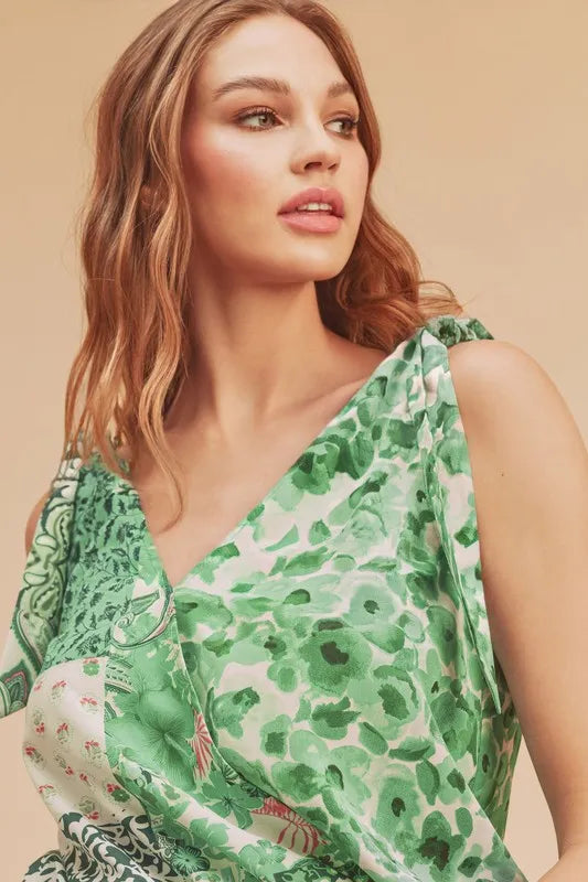 Aemi + Co Smocked Hem Printed Surplice Tank in Green, view 4