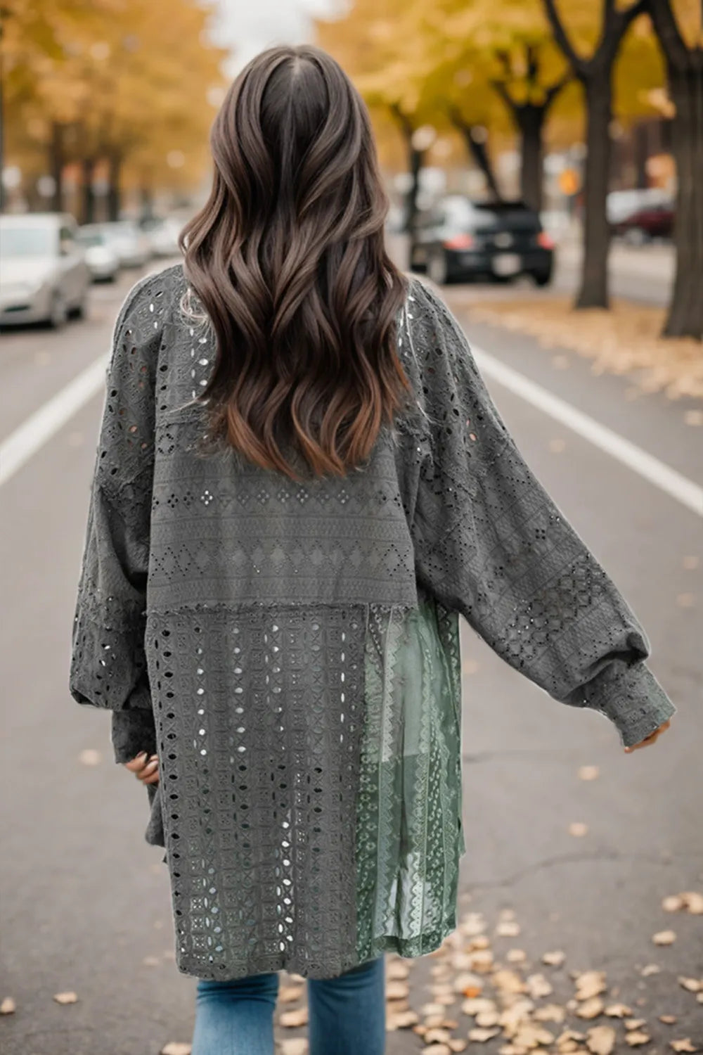 Openwork Button Up Long Sleeve Shacket in Charcoal, view 2