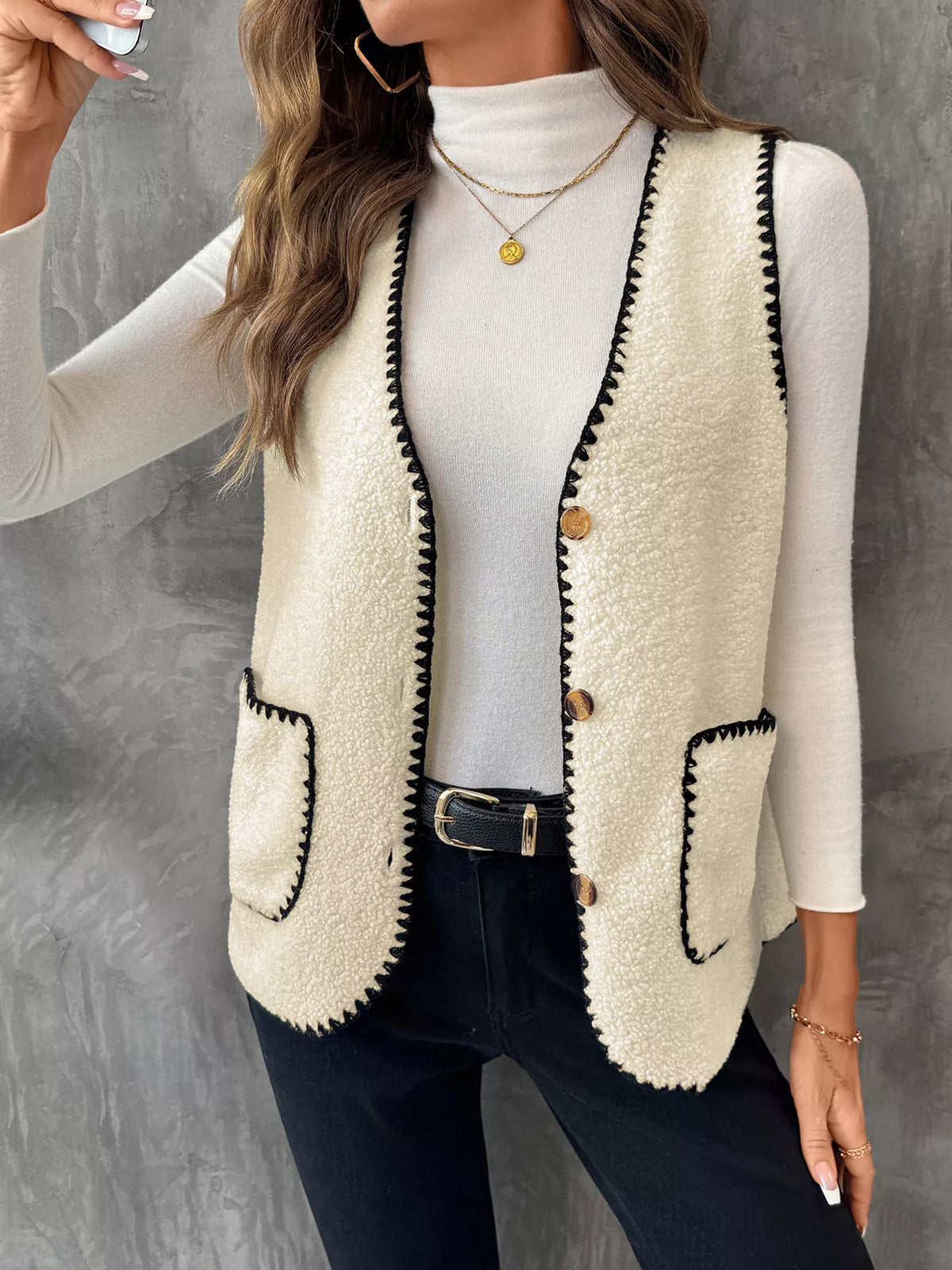 V-Neck Button Up Vest Coat in Apricot, view 2