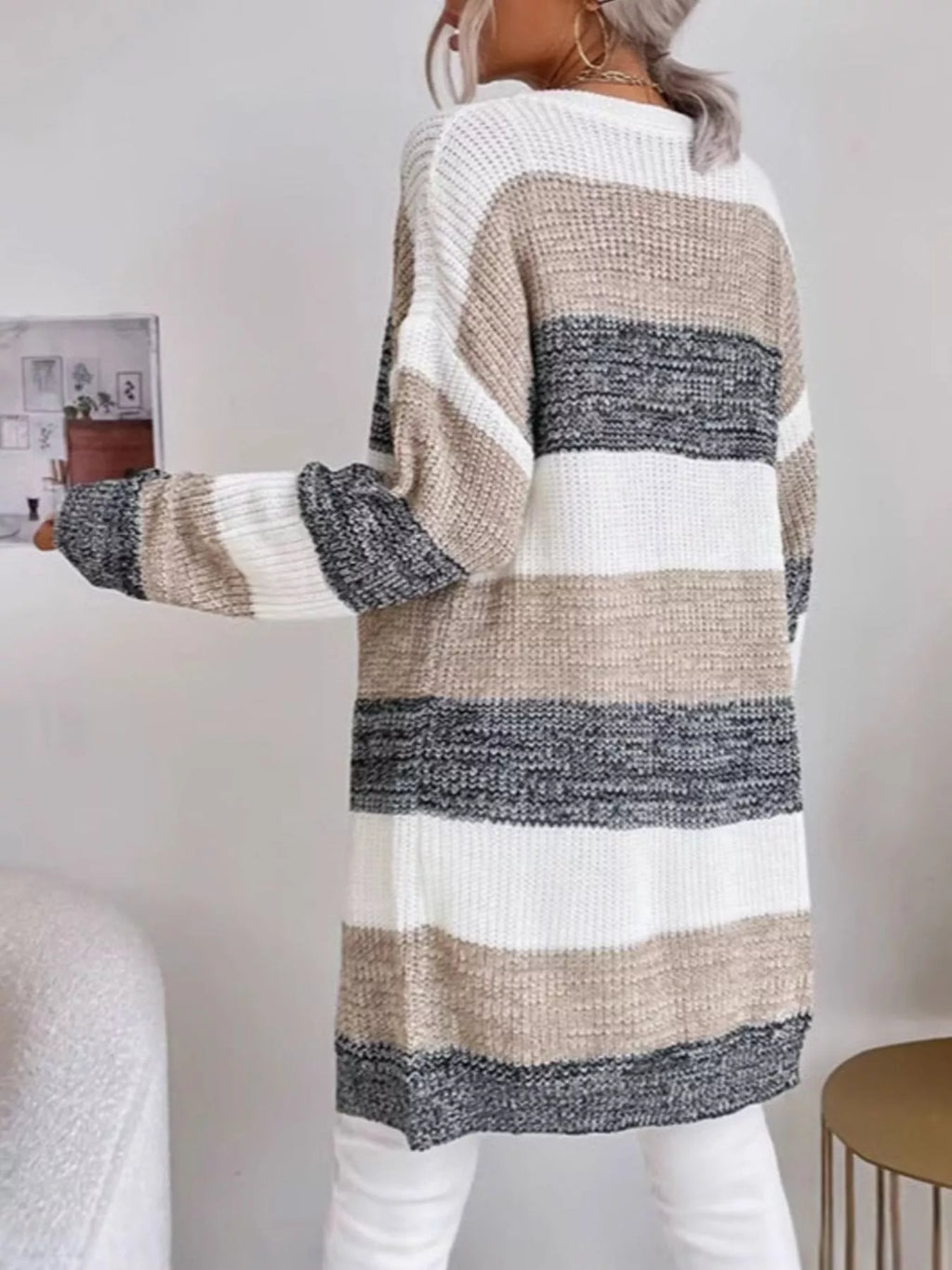Color Block Striped Open Front Longline Cardigan - Lilixa.store