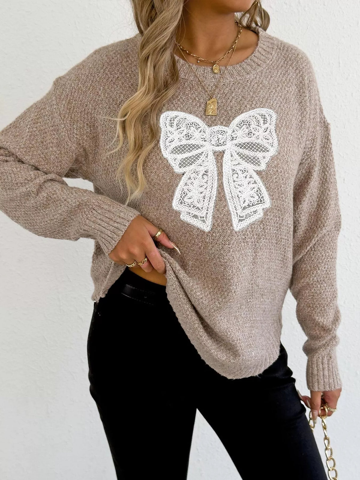 Lace Bow Embroidered Round Neck Sweater