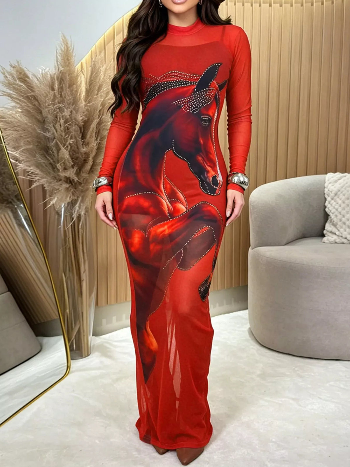 Cami Dress and Rhinestone Horse Mesh Maxi Dress Set - Lilixa.store