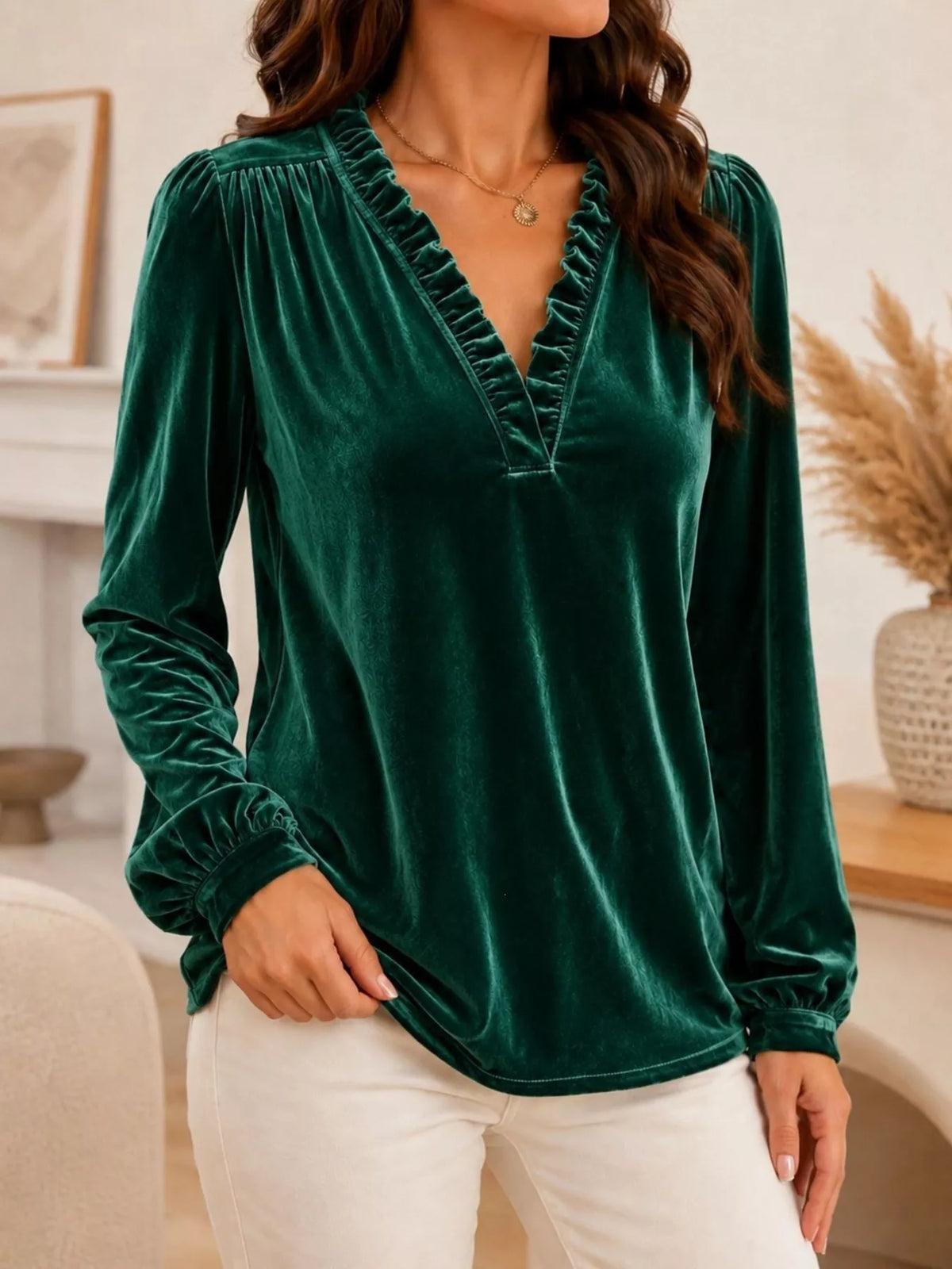 V-Neck Ruffle Trim Velvet Blouse - Lilixa.store