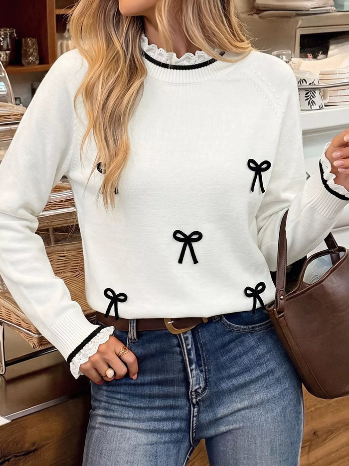 Bow-Embellished Lace Trim Sweater in White