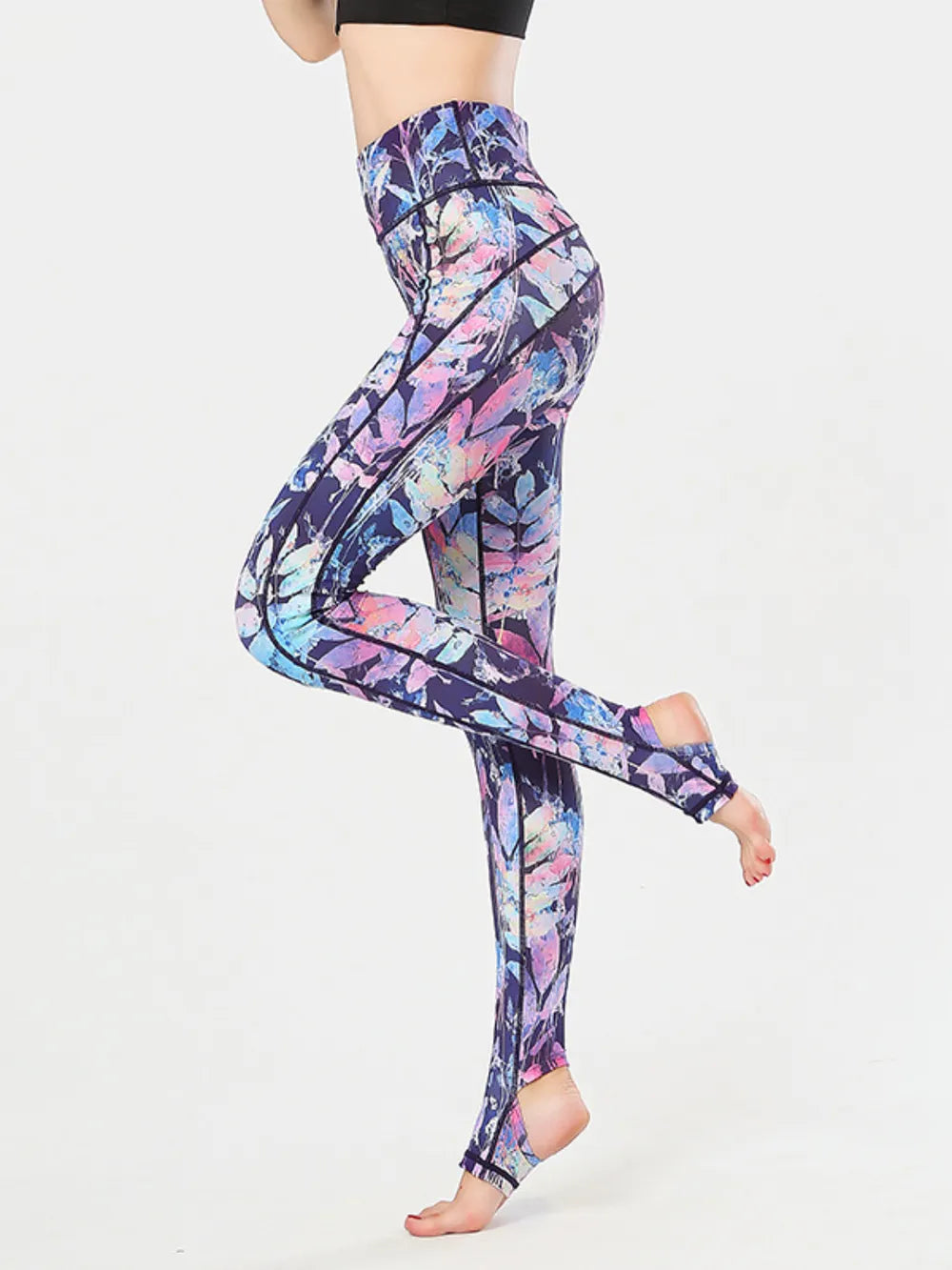 Printed Wide Waistband Active Leggings with Stirrups - Lilixa.store