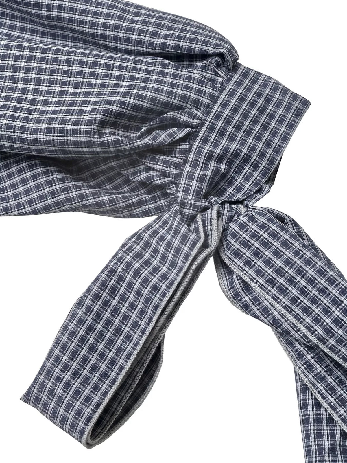 Gingham Button Up Shirt with Tie-Sleeve Detail in Navy, view 9
