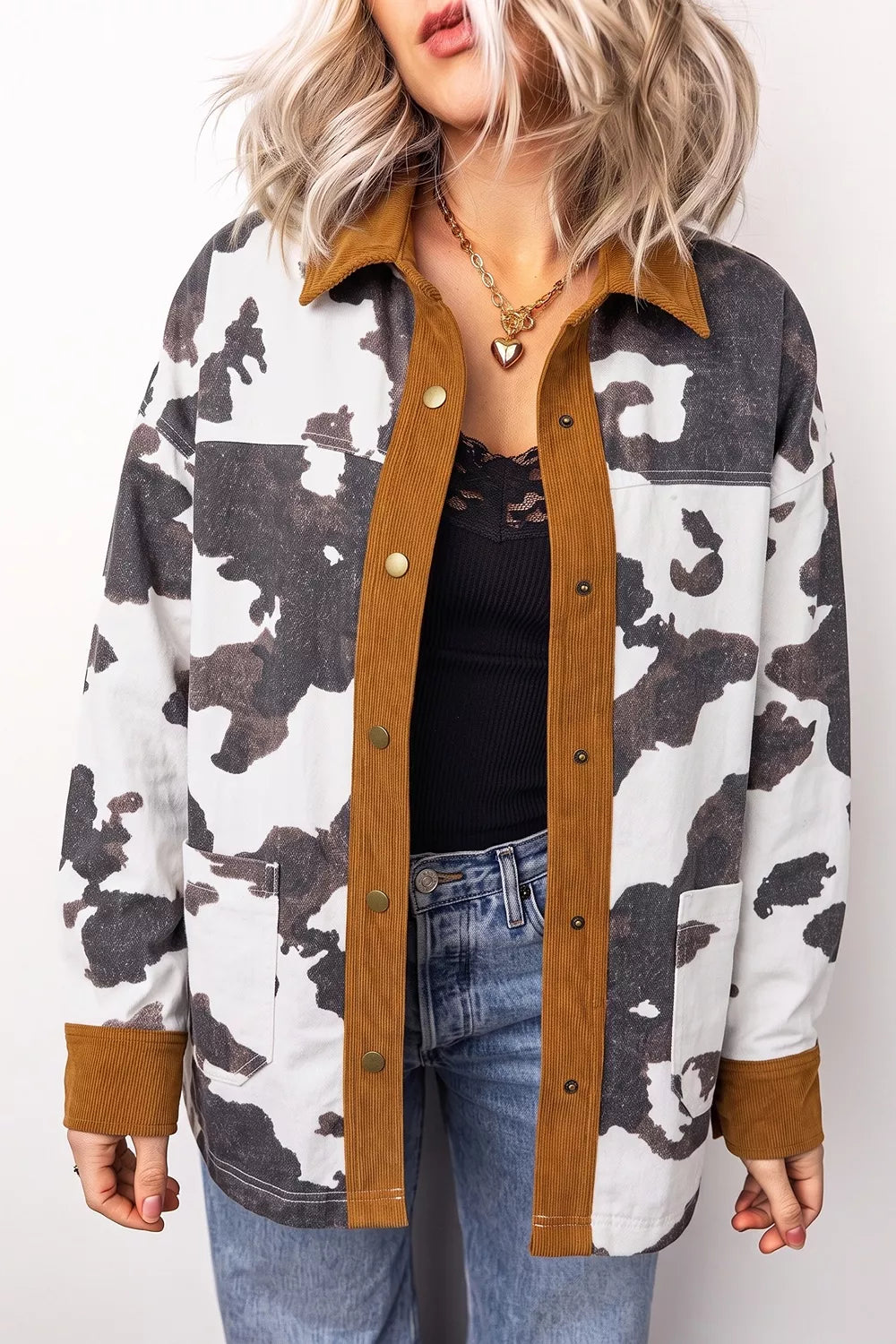 Multicolour Western Cow Print Long Sleeve Button-Up Denim Jacket in Dark Gray, view 2