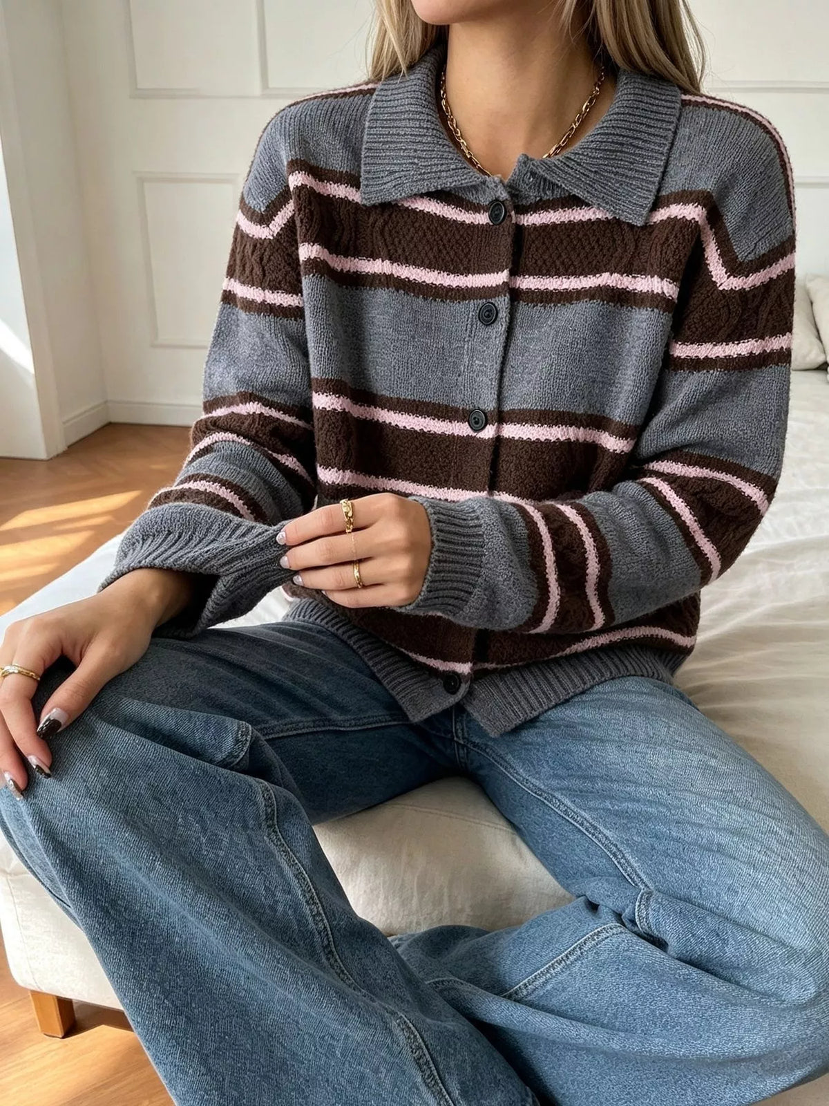 Vintage-Inspired Striped Knit Cardigan with Polo Collar, view 14