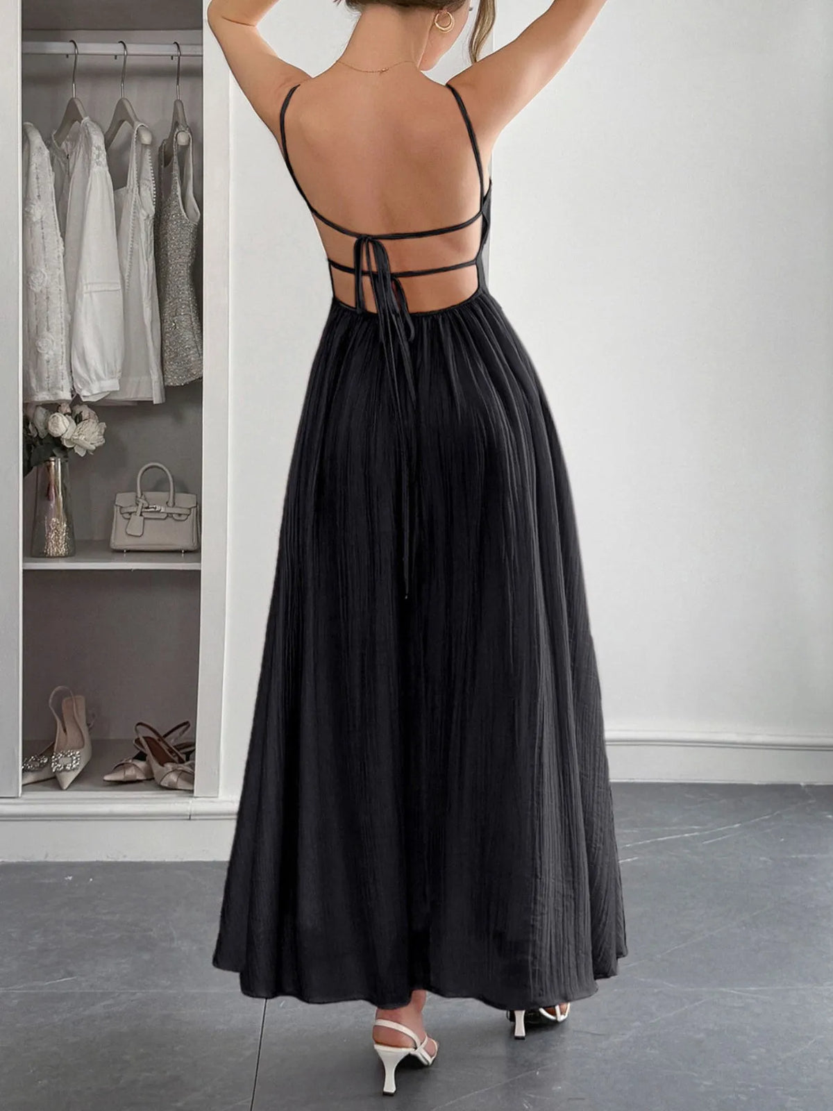 Texture Sweetheart Neck Backless Cami Dress - Lilixa.store