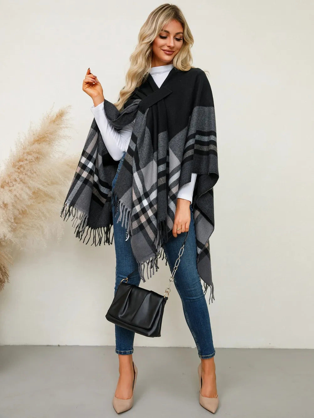 Fringe Contrast Plaid Poncho - Lilixa.store