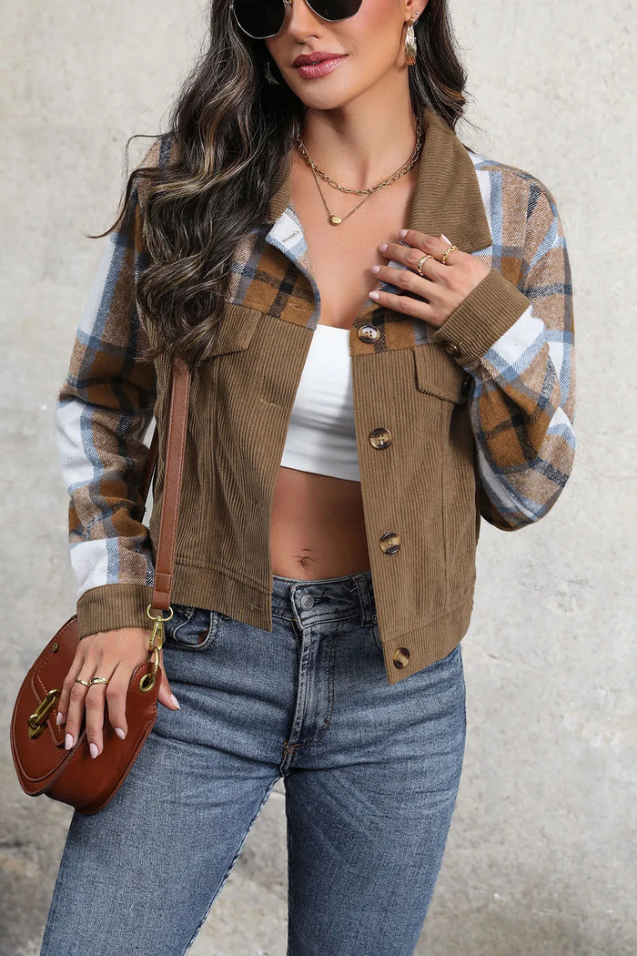 Perfee Plaid Button Up Collared Neck Jacket in Brown